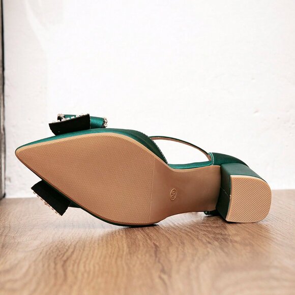 Green Party Women's Elegant Rhinestone Bow High Heel Shoes - Picture 5 of 6